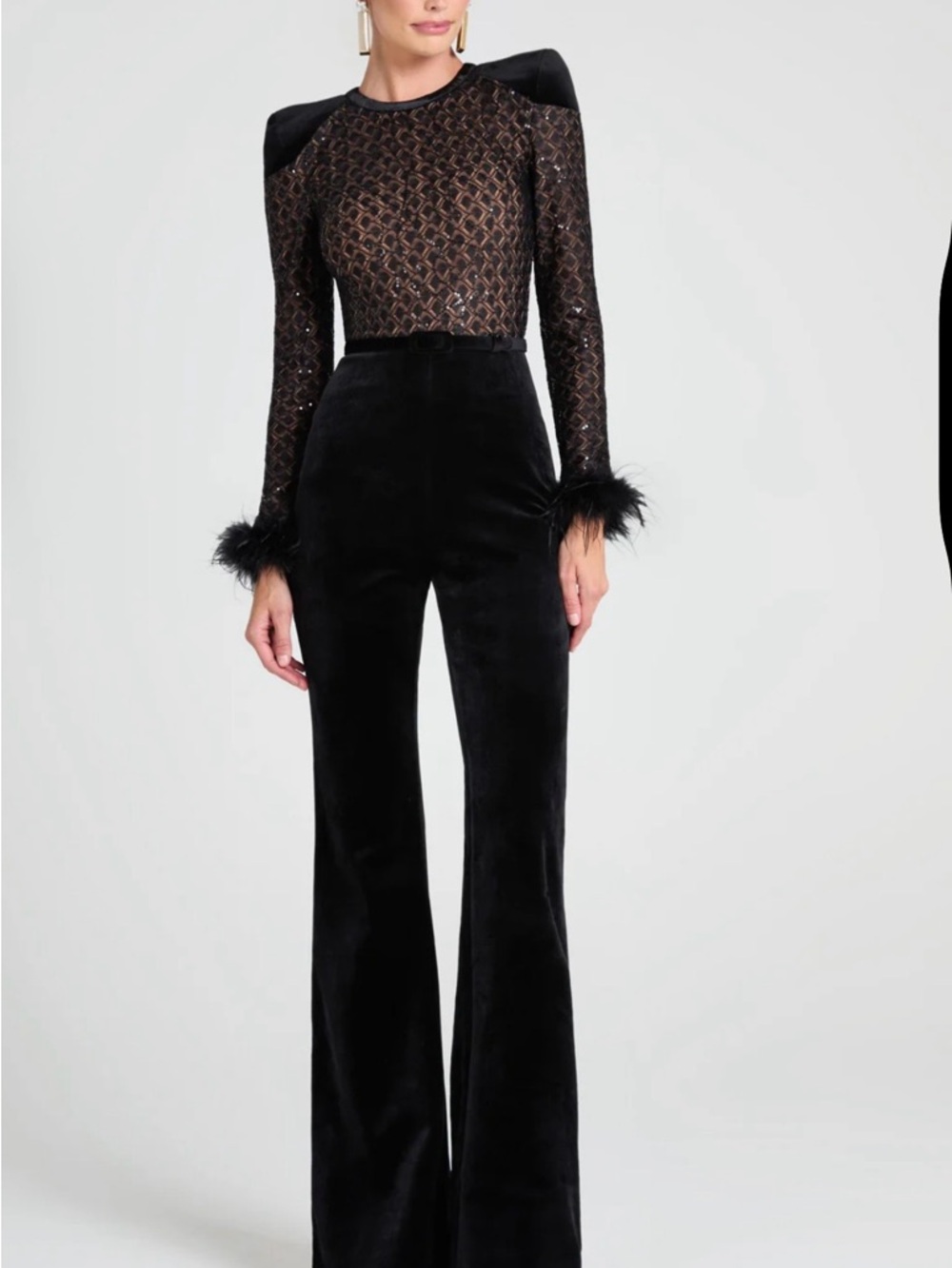 NADINE MERABI Black Velvet High-Waist Boot-Cut Jumpsuit with Feather Cuffs